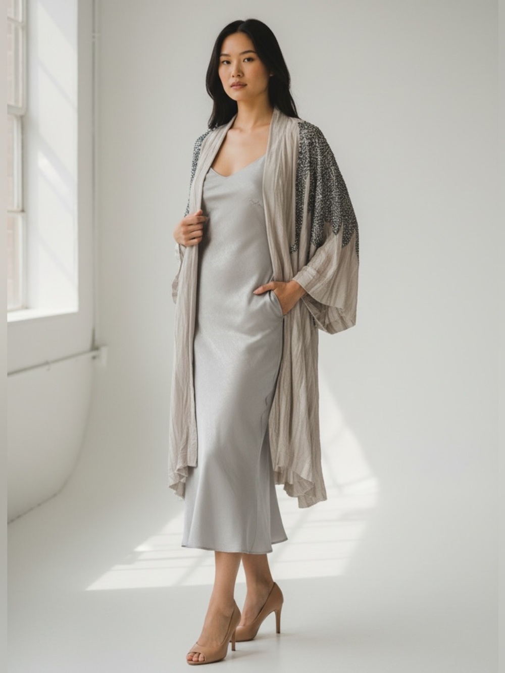 Haute Hippie Taupe Tie-Dye & Sequin Kimono
